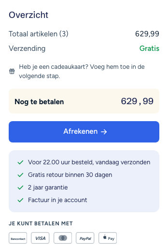 Het besteloverzicht van een winkelwagen met het totaalbedrag en een knop om af te rekenen.