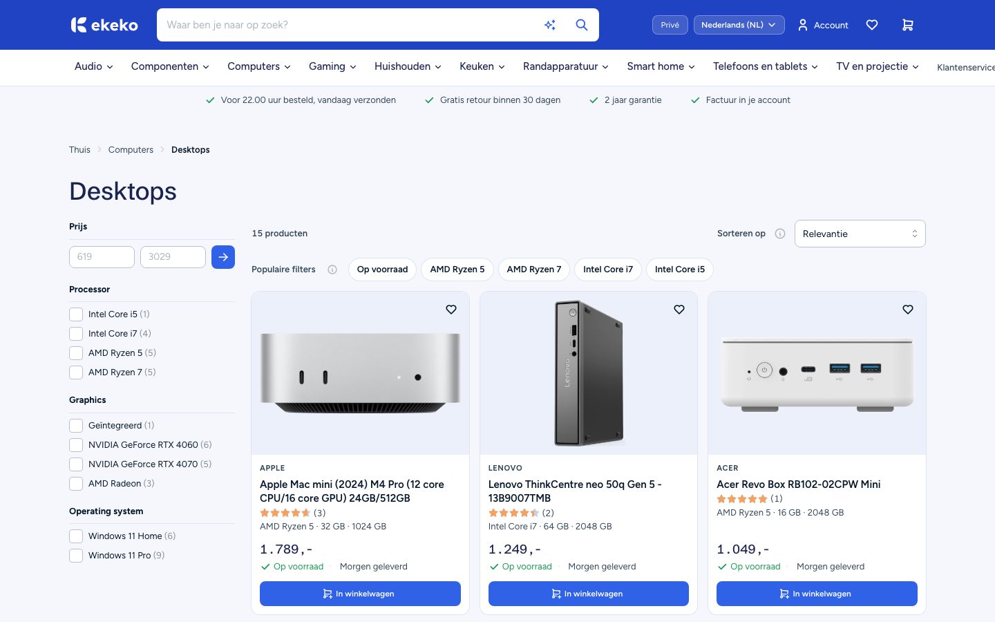 De productlijst met desktops, met filters op processor, videokaart en besturingssysteem naast de producten en hun prijzen.
