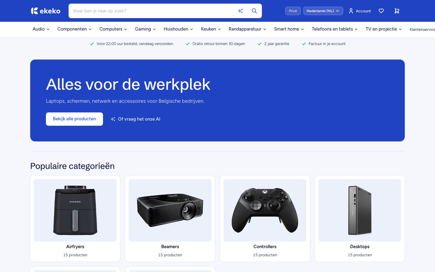 De startpagina van een webshop met een zoekbalk, een menu met productcategorieën en een banner.